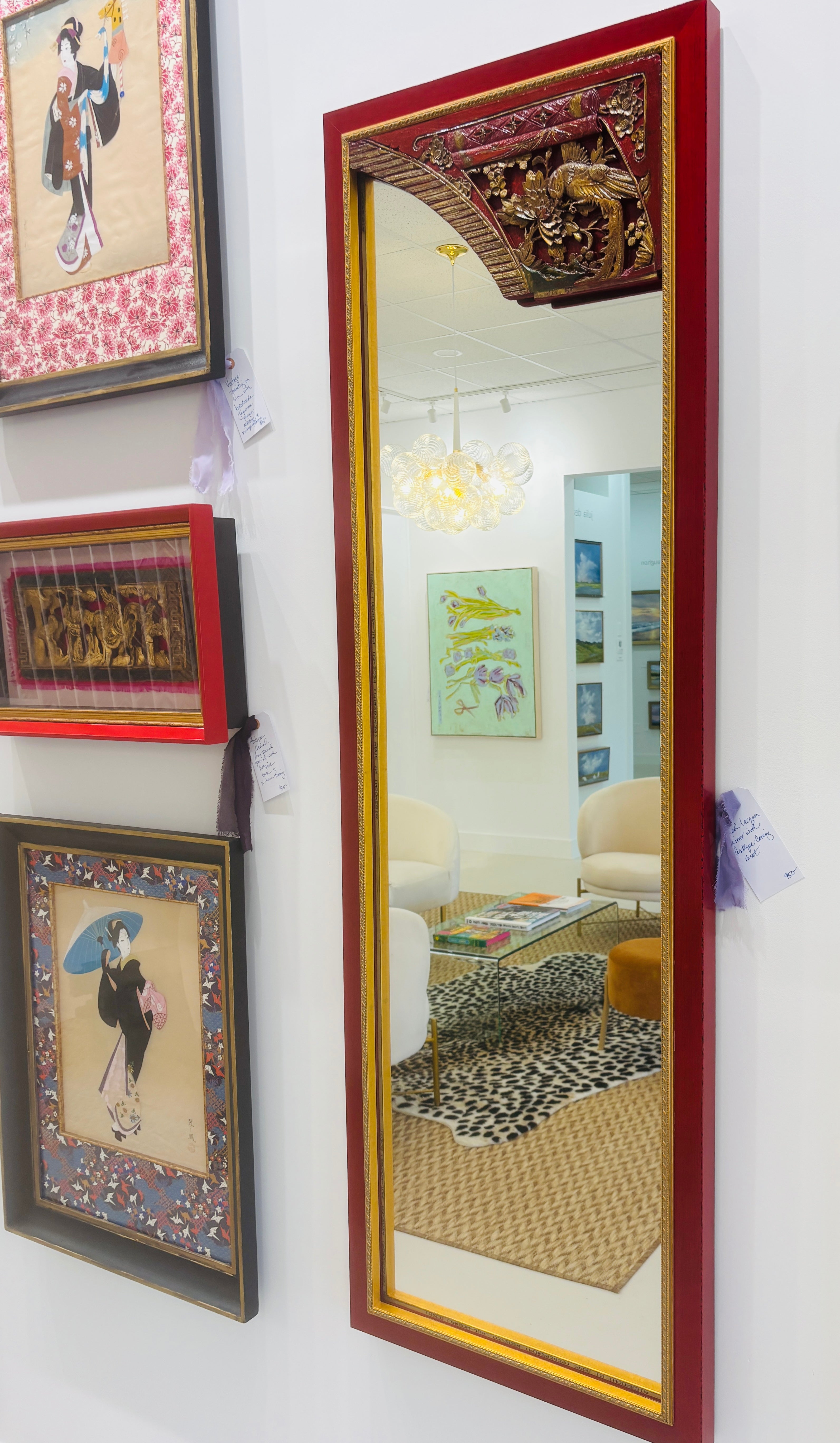 Chinese Red Mirror with Antique Carving