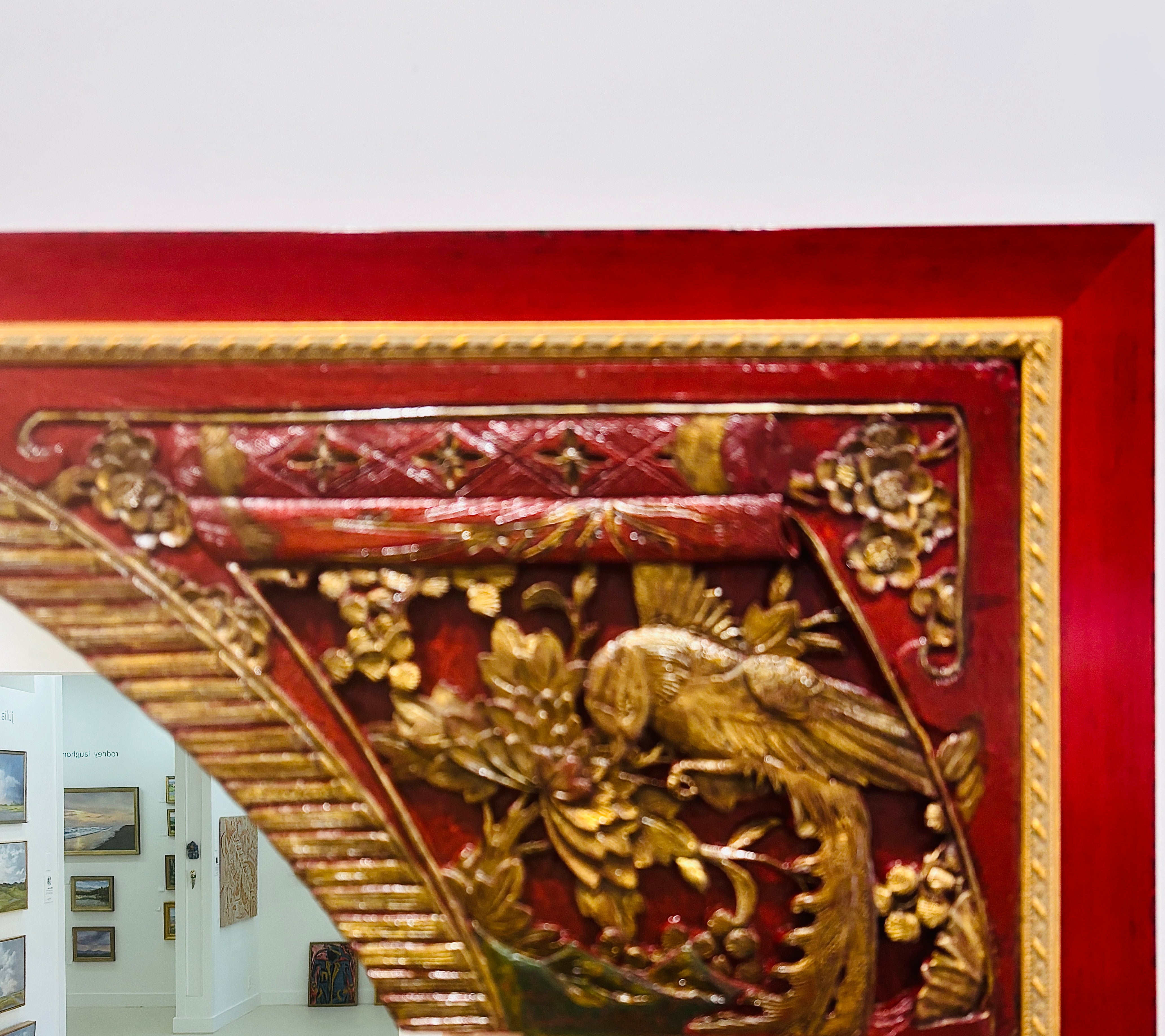 Chinese Red Mirror with Antique Carving