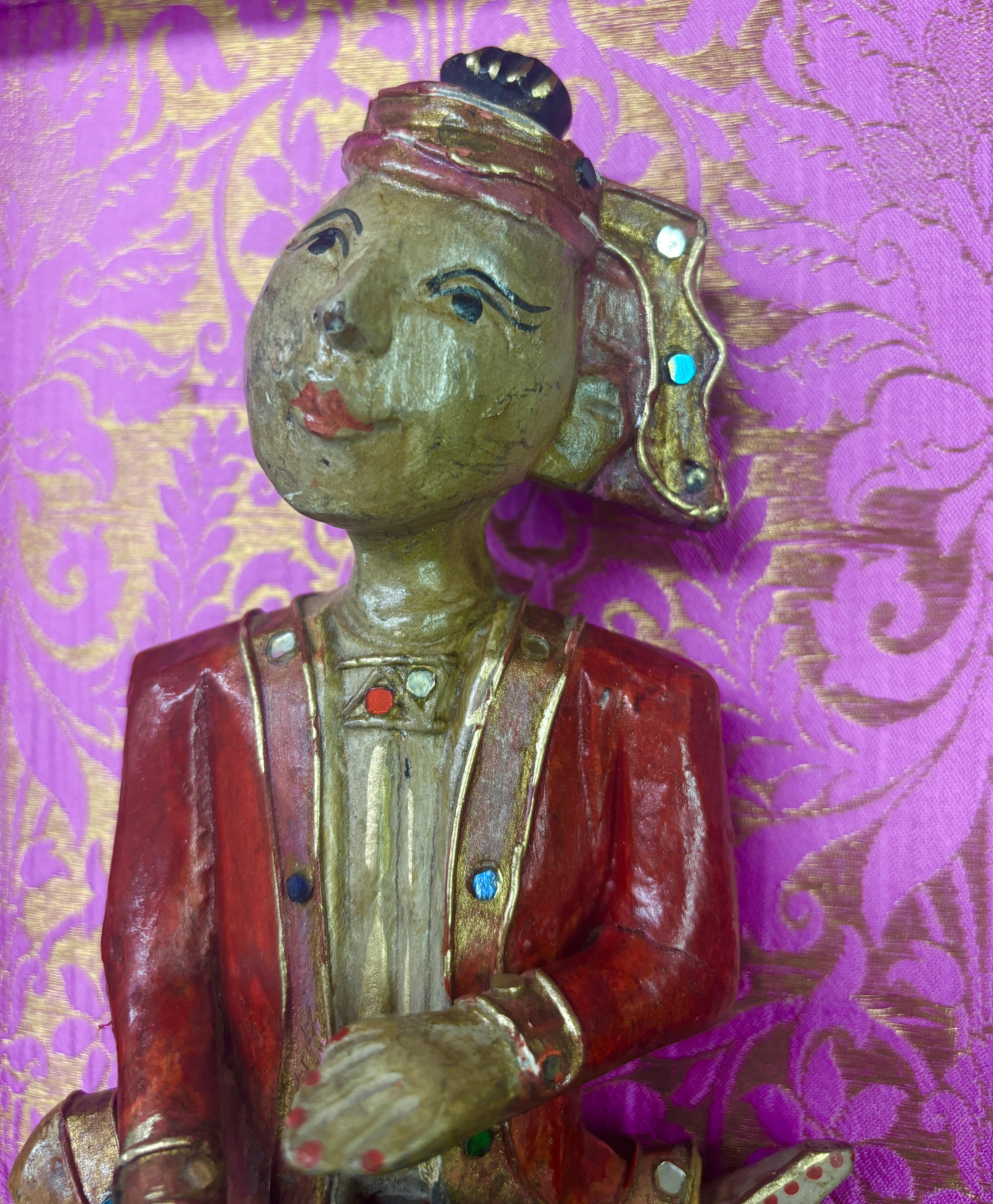 Vintage Carved Asian Musician in Red