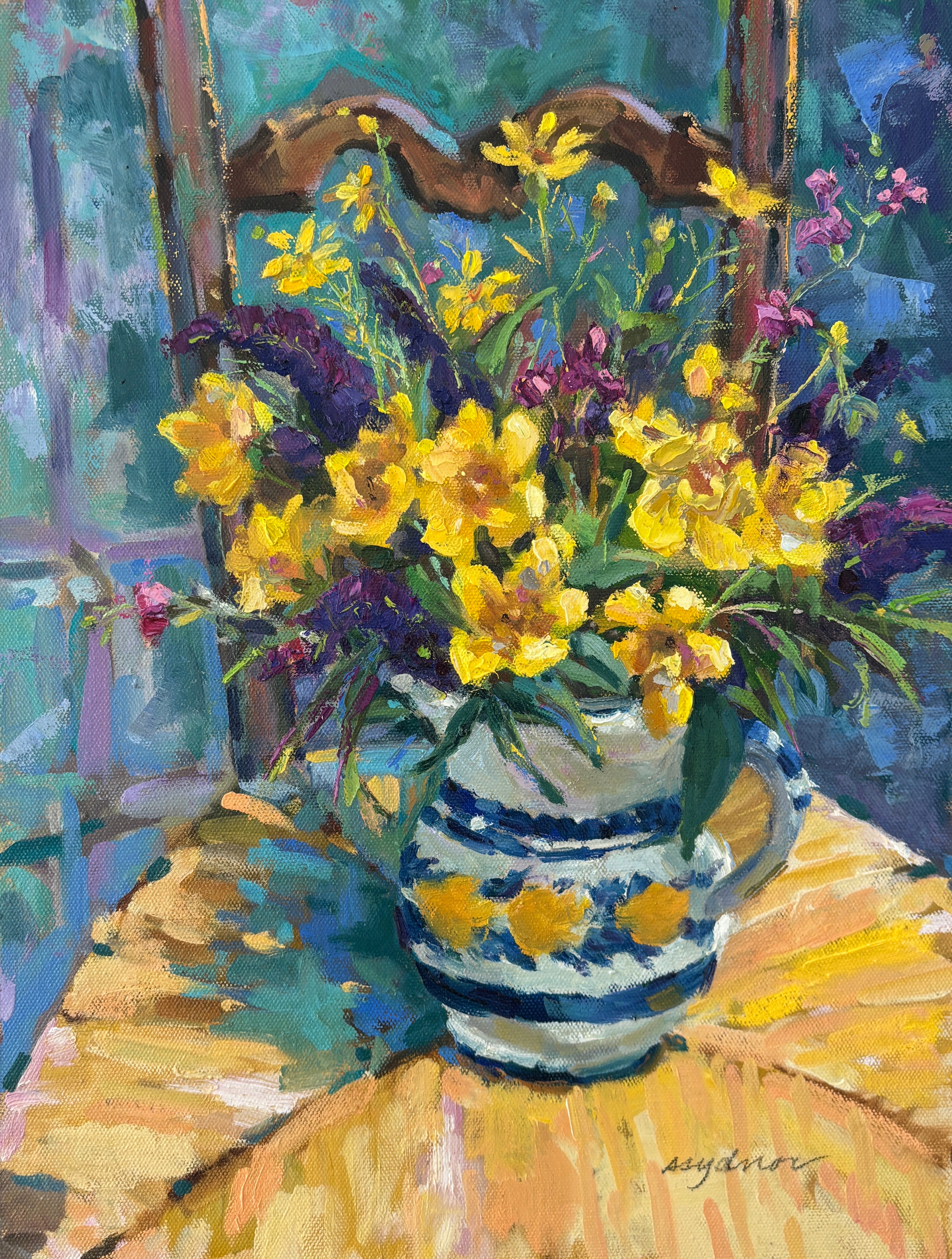 Yellow Flowers on an Antique French Chair